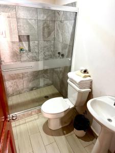 a bathroom with a shower and a toilet and a sink at Hotel Nuevo Amanecer in Real de Catorce