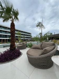 a patio with chairs and a palm tree and a building at Novíssimo Flat Beach Class Solare - Muro Alto -Soft Open in Porto De Galinhas