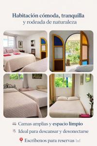 a collage of four pictures of a bedroom at ECOHostal las Hamacas in Villamaría