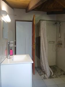 a bathroom with a sink and a shower with a shower curtain at La plus grande source d'eaux chaudes F1 in Bouillante