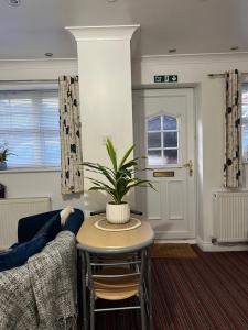 a living room with a couch and a table with a plant at The Wavers Ideal for airport links NEC JLR in Marston Green