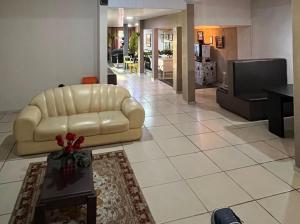 a living room with a couch and a television at Ambassador Hotel in Foz do Iguaçu