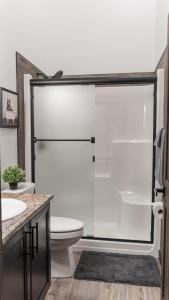 a bathroom with a shower with a toilet and a sink at Polar Den Cabin in Valemount +12 photos