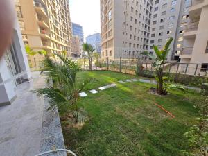 a yard with palm trees and buildings in a city at رويال جاردن سويت in Cairo