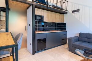a kitchen with a sink and a couch in a room at Pink bird apartments and FREE PARKING in Virpazar