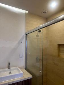 a bathroom with a sink and a glass shower at Departamento en Yatay Towers in Hércules