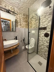 a bathroom with a sink and a toilet and a shower at TraMonti e Mare in Scalea