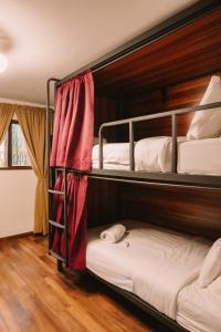 two bunk beds in a room with a red curtain at ONDA Boquete in Boquete +108 photos