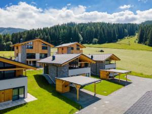 an aerial view of a house with a picnic table at Grebenzen Lodge 55 in Sankt Lambrecht