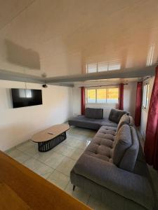 a living room with a couch and a table at Villa hibiscus in Sainte-Suzanne
