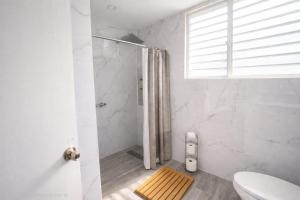 a white bathroom with a shower and a toilet at Villa Zoed in San Juan +12 photos