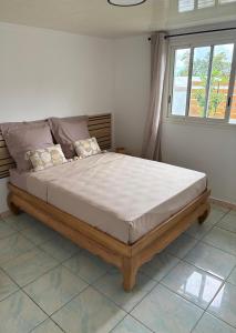 a large bed in a bedroom with a window at Villa hibiscus in Sainte-Suzanne