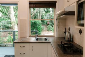 a kitchen with a sink and a window at Shambala Estate Cottages in Mount Tamborine