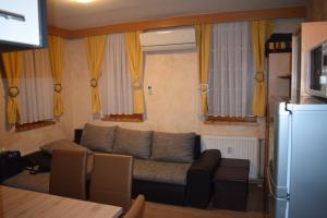 a living room with a couch and yellow curtains at Apartment Borovnica in Moravske Toplice