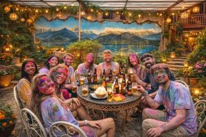 a group of people covered in paint sitting around a table at Kathmandu Aagantuk Hotel in Kathmandu