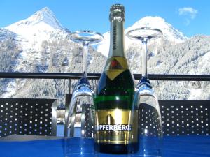 レンゲンフェルトにあるAppartement Granbichler Siegfriedの山の景色を望むテーブルの上にワインボトル2本とグラス1杯
