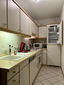 a small kitchen with white cabinets and a sink at Gästehaus im Oberdorf in Erden