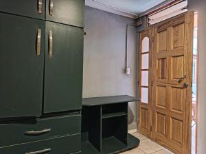 a kitchen with green cabinets and a wooden door at Casa Hostel Javi in Santiago