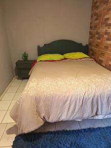 a bedroom with a large bed with yellow pillows at Casa Hostel Javi in Santiago