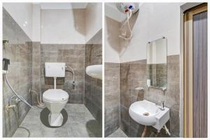 two pictures of a bathroom with a toilet and a sink at OYO Hotel O Ayodhya Dham Bus Terminal Formerly Om Palace in Ayodhya +36 photos