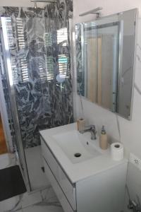 a bathroom with a sink and a shower with a mirror at La Stazione #1 in Pontedera