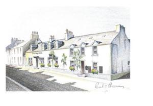 un disegno di una strada con edifici bianchi di The Cross Keys Hotel a New Galloway