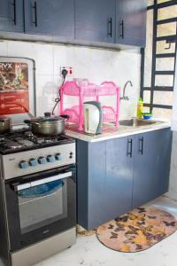 a pink kitchen with a stove and a sink at Ziwa View Apartments in Goat Island
