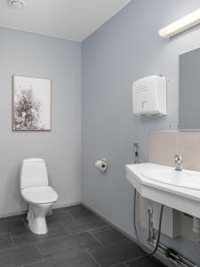 a white bathroom with a toilet and a sink at Jääskän Loma Hostelli Antin Tupa in Härmä +7 photos