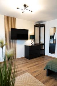 a living room with a flat screen tv on a wall at Apartment Manu in Inzlingen
