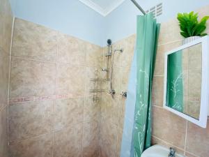 a bathroom with a shower and a toilet at Beach Cresent Cottage in Port Alfred +6 photos