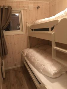 a bunk bed in a small room with a window at Golfvegen 76 in Trysil