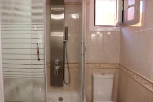 a bathroom with a shower and a toilet at Seafront Apartment with Panoramic Rooftop Terrace in Paramonas +22 photos