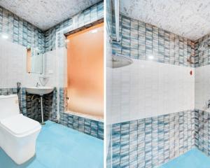 two pictures of a bathroom with a toilet and a sink at Hotel Aroma Regency in Meerut +16 photos