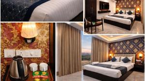 four different pictures of a hotel room with two beds at Hotel Near North View Park Zirakpur!! Best Budget Stay !!Free Parking!!Ambala Highway Chandigarh in Zirakpur