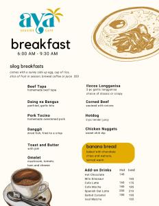 a menu for breakfast with a cup of coffee at Playa Tropical Resort Hotel in Currimao
