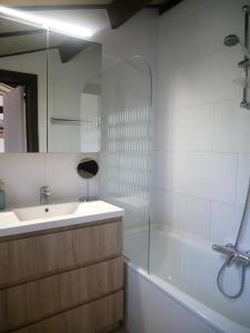 a bathroom with a sink and a tub and a mirror at Zeepolder I 129 in De Haan