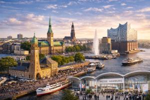 a view of a city with a river and buildings at Ata Hotel - Self Check-in in Hamburg