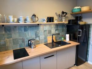 a kitchen with a sink and a black refrigerator at Schicke kleine Bude (Pretty tiny Flat) in Neuenkirchen
