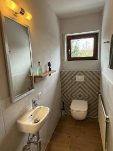 a small bathroom with a sink and a toilet at Schicke kleine Bude (Pretty tiny Flat) in Neuenkirchen +10 photos