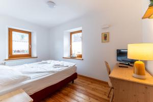 una camera da letto con un letto e una scrivania con una lampada di Alpedale a Ovaro