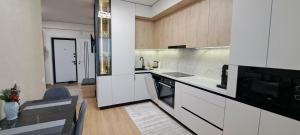 a kitchen with white cabinets and a black appliances at SkyHouse&PrivateGarage in Chişinău