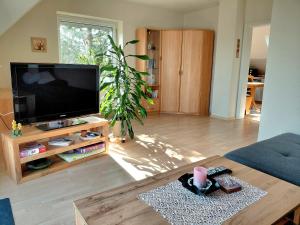 a living room with a large flat screen tv at Ferienwohnung Janine in Neubrandenburg