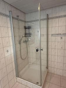 a shower with a glass door in a bathroom at Selina's Apartment in Oberthal +13 photos