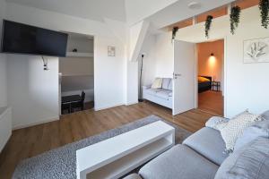 a living room with a couch and a tv at Pelster´s Apartments in Diepholz