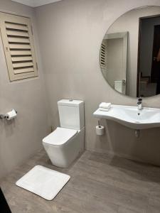 a bathroom with a toilet and a sink and a mirror at Swanepoel Guesthouse in Jeffreys Bay