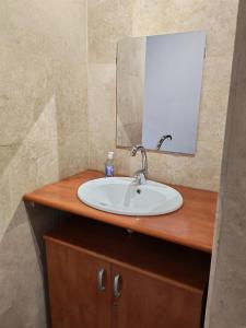 a bathroom sink with a mirror on a wooden counter at Les Nids Pyrénéens in Castillon-de-Larboust +18 photos