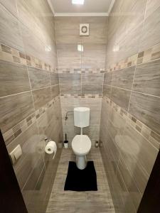 a bathroom with a toilet and a tiled wall at Misa Home in Nyíregyháza +14 photos