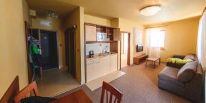 a living room with a couch and a kitchen at Apartmán s veľkou terasou Luxus Tatry E106 in Veľká Lomnica