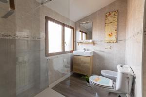 a bathroom with a toilet and a sink and a mirror at Hostal La Balsá in La Alberca