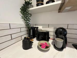 a kitchen counter with black appliances and a bowl of roses at Le Cabrol Grand studio Hyper centre WIFI 2ème étage in Rodez